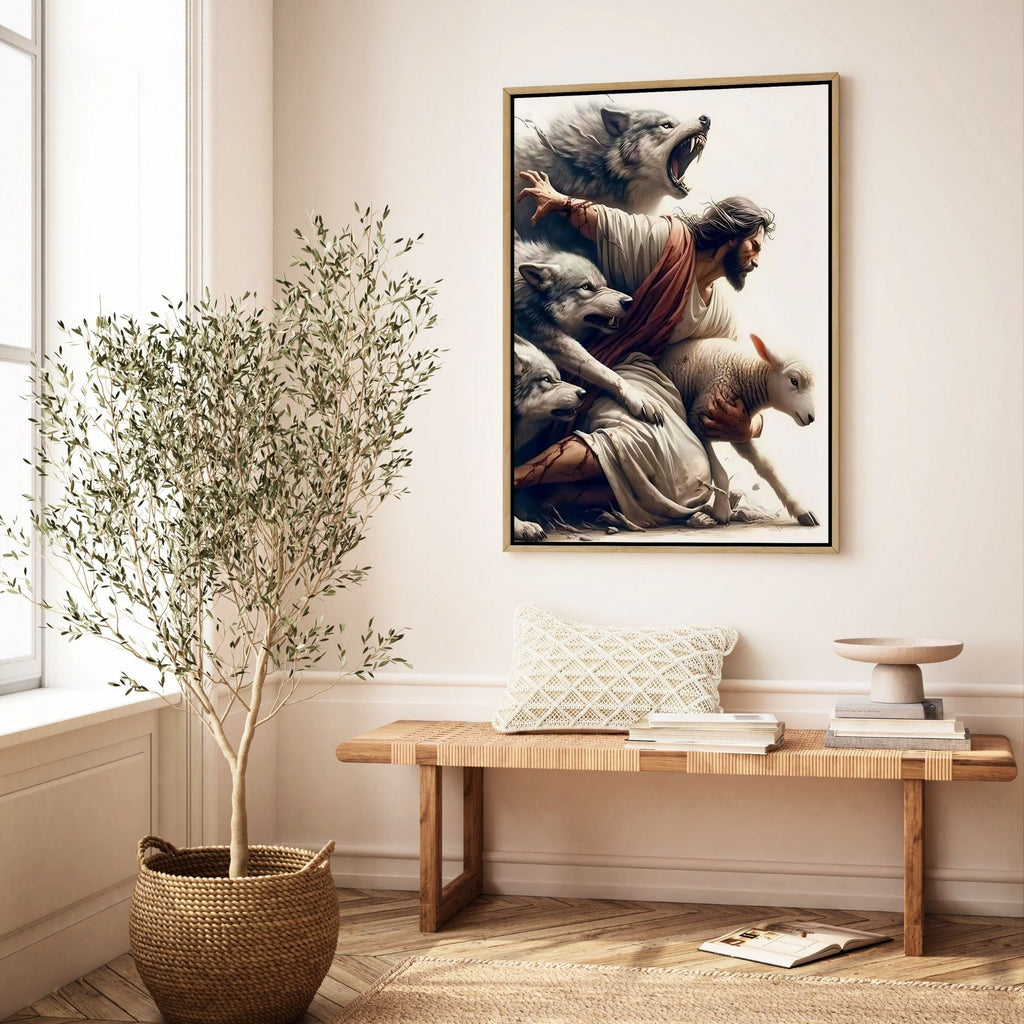 Jesus Protecting Lamb - Canvas
